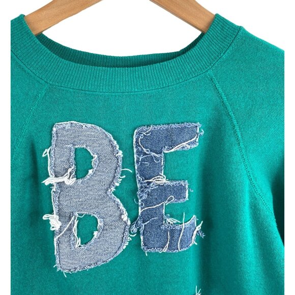 Be Nice Hand Decorated Denim Applique Womens XL Hanes Crewneck Sweatshirt - Picture 4 of 8